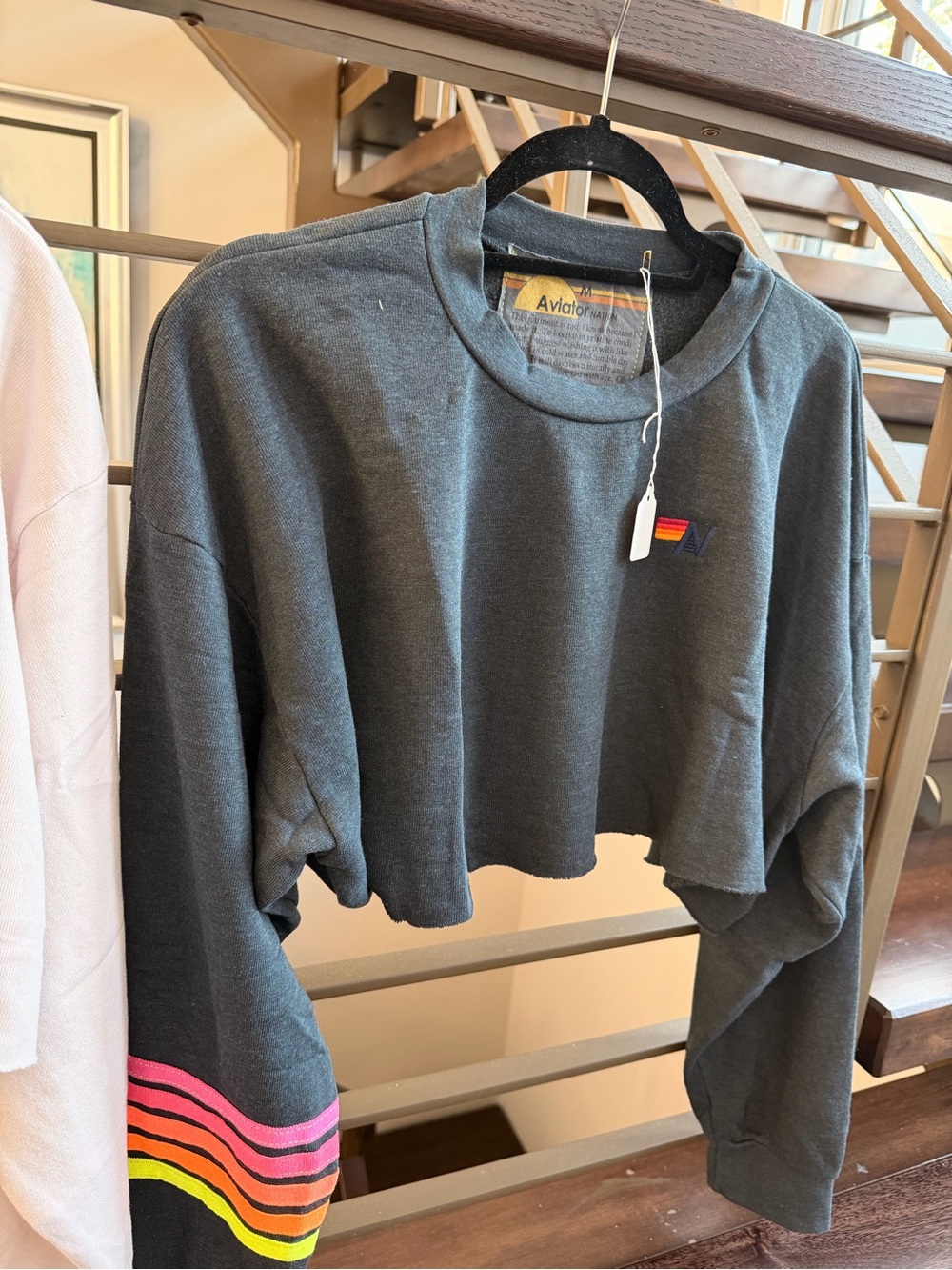 Aviator Nation Charcoal Cropped Sweatshirt with Neon Rainbow Sleeve